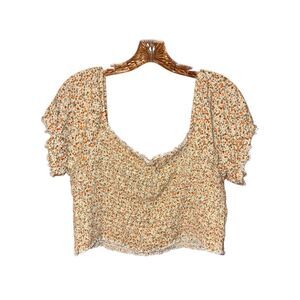 Aerie Cottagecore smocked floral puff sleeve crop top Large #741